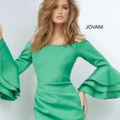 Jovani 02140 Long Off The Shoulder Bell Sleeve Dress Evening Gown Ruched Ruffle