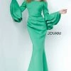 Jovani 02140 Long Off The Shoulder Bell Sleeve Dress Evening Gown Ruched Ruffle
