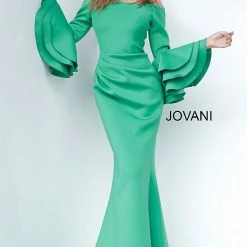 Jovani 02140 Long Off The Shoulder Bell Sleeve Dress Evening Gown Ruched Ruffle