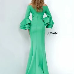 Jovani 02140 Long Off The Shoulder Bell Sleeve Dress Evening Gown Ruched Ruffle
