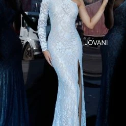 Long Sleeve Dresses Jovani 02168 Long Embellished Lace Prom Dress One Shoulder Long Sleeve Slit Train
