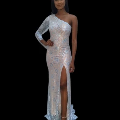 Long Sleeve Dresses Jovani 02168 Long Embellished Lace Prom Dress One Shoulder Long Sleeve Slit Train