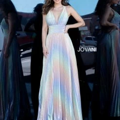 Discontinued Jovani 02285 Long Rainbow Pleated Maxi Skirt Prom Dress V Neck Open Back 2020 Ombre Dresses