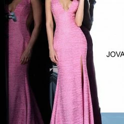 Jovani 02472 Long Fitted Glitter Jersey Prom Dress Sheer V Neck Shimmer Pageant