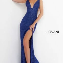 Metallic Dresses Jovani 02472 Long Fitted Glitter Jersey Prom Dress Sheer V Neck Shimmer Pageant