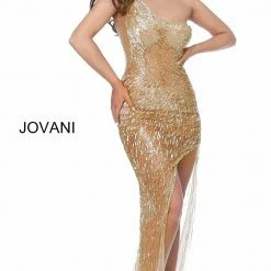 Jovani 02494 One Shoulder Beaded Nude Gold Prom Dress Evening Gown