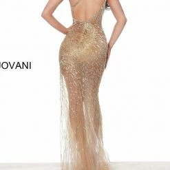 Jovani 02494 One Shoulder Beaded Nude Gold Prom Dress Evening Gown