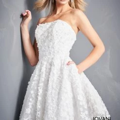 Corset Dresses Jovani 02564 Short Fit & Flare White Floral Applique Cocktail Dress Wedding Reception
