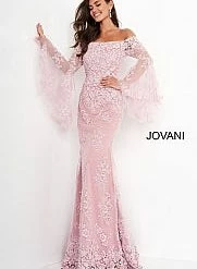 Jovani 02570 Off The Shoulder Bell Sleeves Evening Gown Lace Mother Of The Bride Dress Long Sleeve Dresses