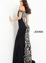 Jovani 02576 Navy Off The Shoulder Embroidered Evening Dress