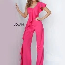 Jovani 02617 Long One Shoulder Ruffle Prom Jumpsuit Pageant Pant Suit
