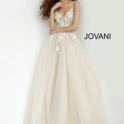 Jovani 02758 Long Sheer Lace Applique A Line Prom Dress Pageant Gown Formal Ballgown Dresses