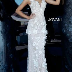 Jovani Bridal Jovani 02773 Long Fitted Floral Applique Evening Gown Wedding Dress V Neck