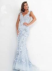 Jovani Bridal Jovani 02773 Long Fitted Floral Applique Evening Gown Wedding Dress V Neck