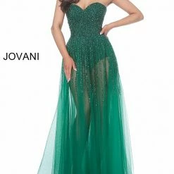 Jovani 02816 Strapless Sheer A Line Bodysuit Romper Dress Embellished Dress Jumpsuits & Rompers
