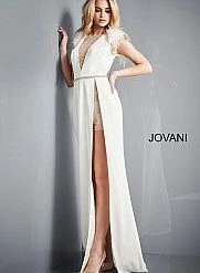 Backless Dresses Jovani 02833 Fitted Romper With Overskirt Side Slit Feather Shoulders Open Back