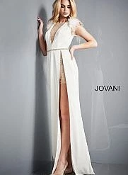 Backless Dresses Jovani 02833 Fitted Romper With Overskirt Side Slit Feather Shoulders Open Back
