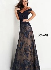 Jovani 02852 Navy Mother Of The Bride Dress Off Shoulder Long A Line Ruched Evening Gown