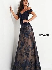 Jovani 02852 Navy Mother Of The Bride Dress Off Shoulder Long A Line Ruched Evening Gown