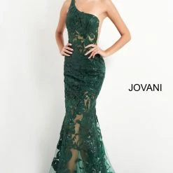 In Stock Jovani 02895 Size 8 Long Fitted One Shoulder Sheer Sequin Lace Prom Dress Pageant Gown Mermaid Dresses