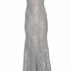 Jovani 02906 Metallic Shimmer Lace Crystal Embellished Prom Dress Pageant V Neck Mermaid Dresses