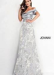 Jovani 02921 Grey Off The Shoulder Short Sleeve Evening Gown Mother Of The Bride Dress