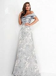 Jovani 02921 Grey Off The Shoulder Short Sleeve Evening Gown Mother Of The Bride Dress
