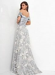 Jovani 02921 Grey Off The Shoulder Short Sleeve Evening Gown Mother Of The Bride Dress
