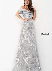 Jovani 02921 Grey Off The Shoulder Short Sleeve Evening Gown Mother Of The Bride Dress