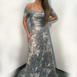 Jovani 02921 Grey Off The Shoulder Short Sleeve Evening Gown Mother Of The Bride Dress