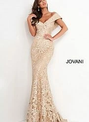 Jovani 02923 Gold Embellished Lace Fitted Evening Dress Off The Shoulder
