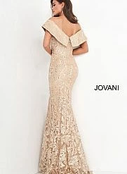 Jovani 02923 Gold Embellished Lace Fitted Evening Dress Off The Shoulder