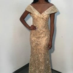 Jovani 02923 Gold Embellished Lace Fitted Evening Dress Off The Shoulder