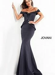 Jovani 02924 Off The Shoulder Evening Gown Fitted Beaded Peplum Waistline