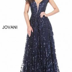 Jovani 02932 Long Navy Sequin Off The Shoulder Evening Dress Plunging A Line Sequin Dresses