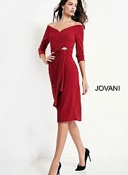 Jovani 02949 Knee Length Formal Evening Cocktail Dress Off The Shoulder Three Quarter Sleeve