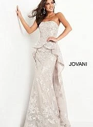 Jovani 02966 Silver Peplum Evening Dress Embroidered Overskirt Strapless Straight Neckline
