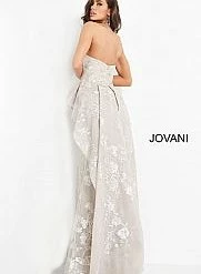 Jovani 02966 Silver Peplum Evening Dress Embroidered Overskirt Strapless Straight Neckline