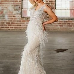 In Stock Mermaid Dresses Jovani 03023 Size 14 Sheer Feather Prom Dress Plunging Neck Wedding Gown Pageant Gown