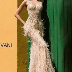 Mermaid Dresses Jovani 03023 Sheer Feather Prom Dress Plunging Neck Wedding Gown Pageant Gown