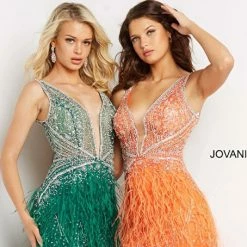 In Stock Backless Dresses Jovani 04042 Size 2 Orange Short Sheer Beaded Feather Cocktail Dress Backless Prom Homecoming