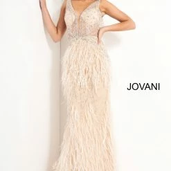 Mermaid Dresses Jovani 03023 Sheer Feather Prom Dress Plunging Neck Wedding Gown Pageant Gown