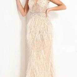 Mermaid Dresses Jovani 03023 Sheer Feather Prom Dress Plunging Neck Wedding Gown Pageant Gown