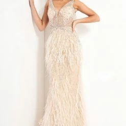 In Stock Mermaid Dresses Jovani 03023 Size 14 Sheer Feather Prom Dress Plunging Neck Wedding Gown Pageant Gown