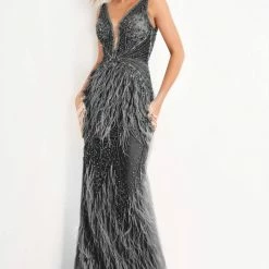 Jovani 03023 Sheer Feather Prom Dress Plunging Neckline Pageant Gown Embellished