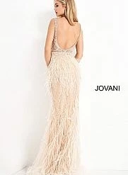 Jovani 03023 Sheer Feather Prom Dress Plunging Neckline Pageant Gown Embellished