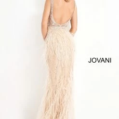 Mermaid Dresses Jovani 03023 Sheer Feather Prom Dress Plunging Neck Wedding Gown Pageant Gown