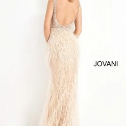 In Stock Mermaid Dresses Jovani 03023 Size 14 Sheer Feather Prom Dress Plunging Neck Wedding Gown Pageant Gown