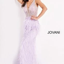 Mermaid Dresses Jovani 03023 Sheer Feather Prom Dress Plunging Neck Wedding Gown Pageant Gown