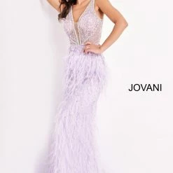 In Stock Mermaid Dresses Jovani 03023 Size 14 Sheer Feather Prom Dress Plunging Neck Wedding Gown Pageant Gown
